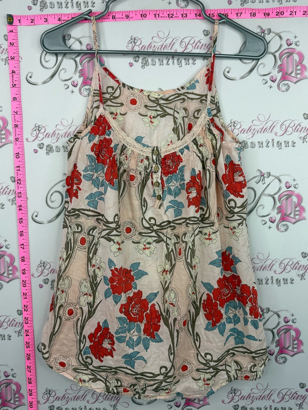 Heritage 1981 Beige Floral Spaghetti-Strap Tank with Red & Blue Flowers